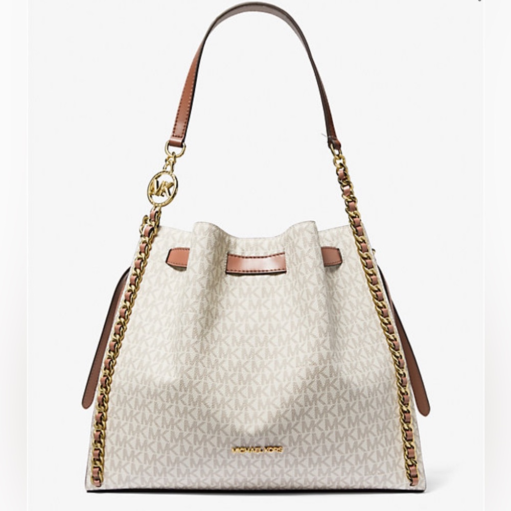 MICHAEL KORS MINA LARGE SIGNATURE LOGO CHAIN SHOULDER BAG (Vanilla)